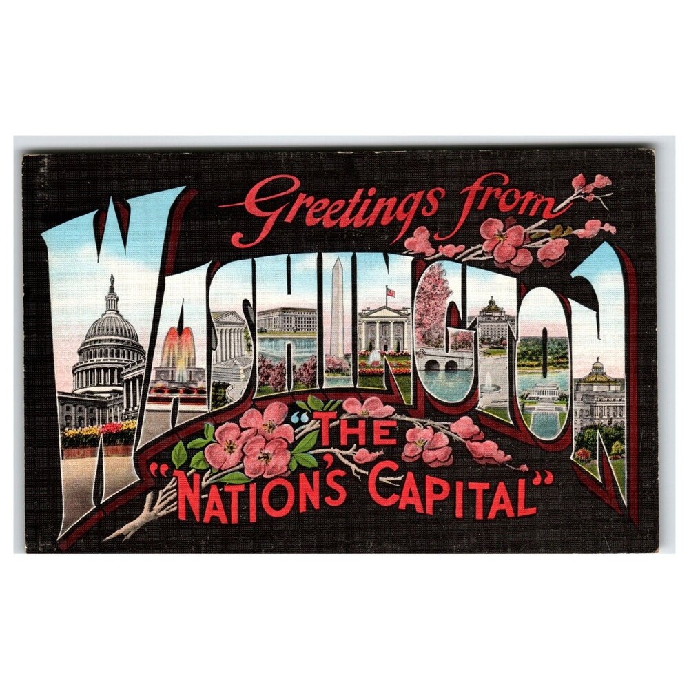 Greetings From WASHINGTON DC Large Letter Linen Postcard Cherry Blossoms Capital